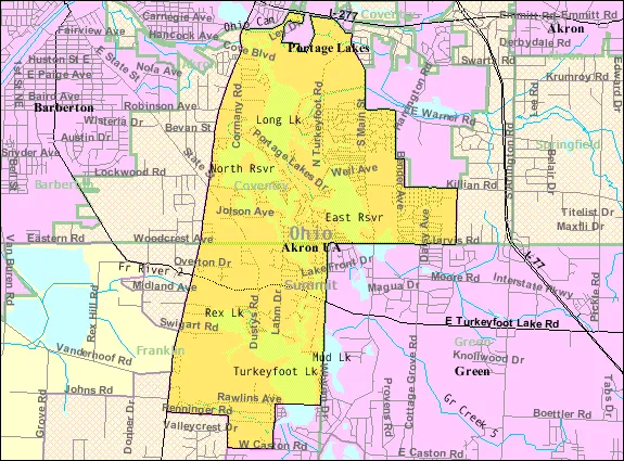 Map of Portage Lakes, a census-designated place (CDP) in Summit County, Ohio, United States. Map reflects the CDP as it was in 2000; eve...