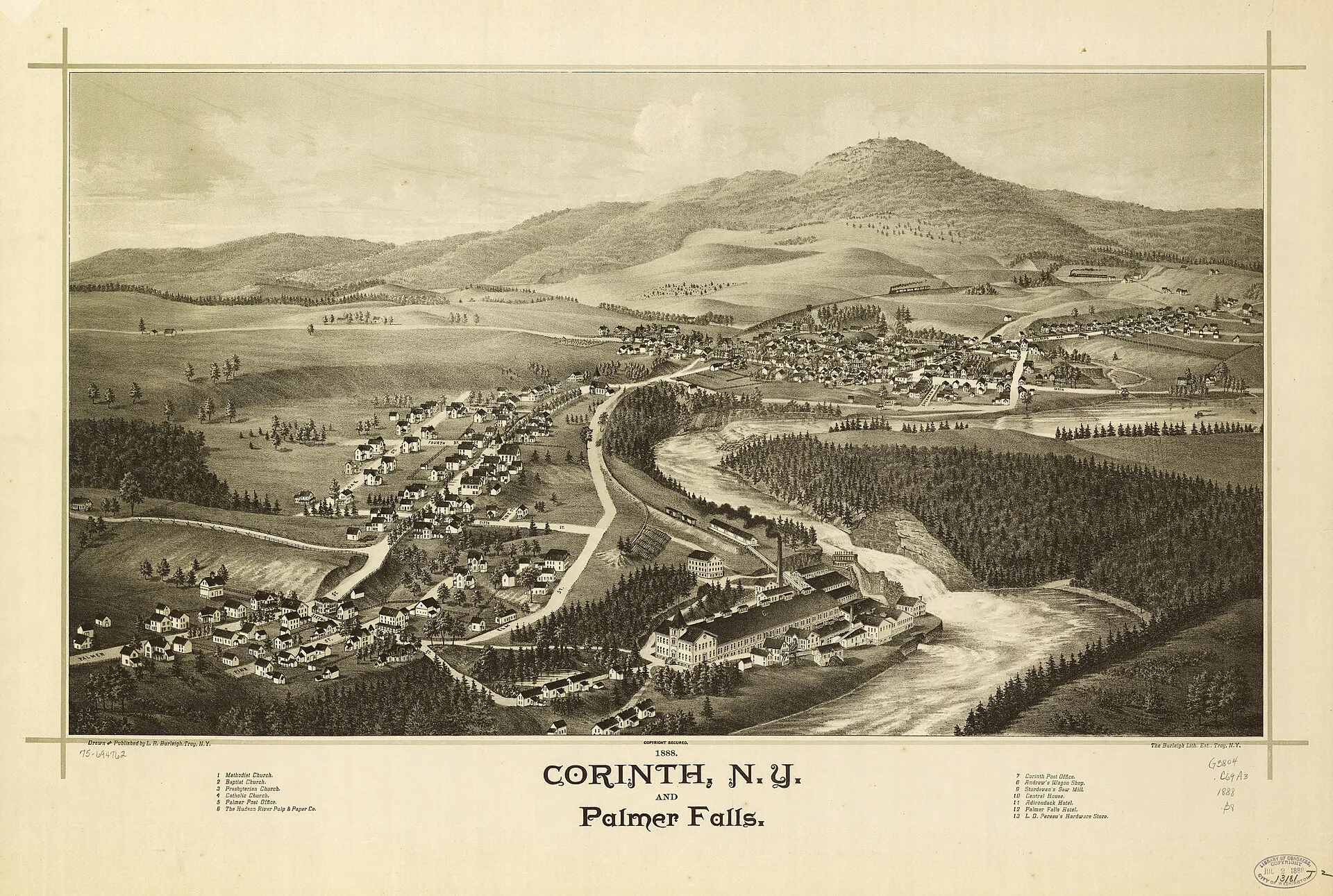 1888 bird's-eye-view map of Corinth and Palmer Falls (Library of Congress)