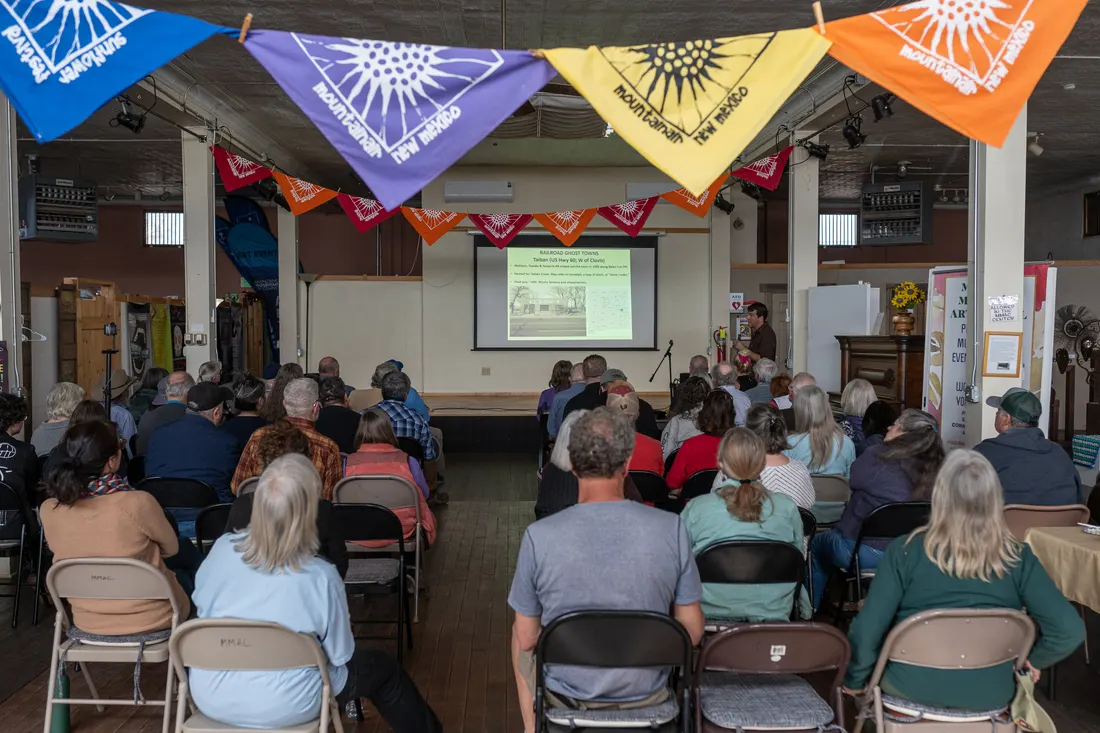 Writer and historian John Mulhouse giving a presentation on New Mexico ghost towns at the Manzano Mountain Arts Council Center in Mountainair, New Mexico on Saturday, March 1st, 2025.