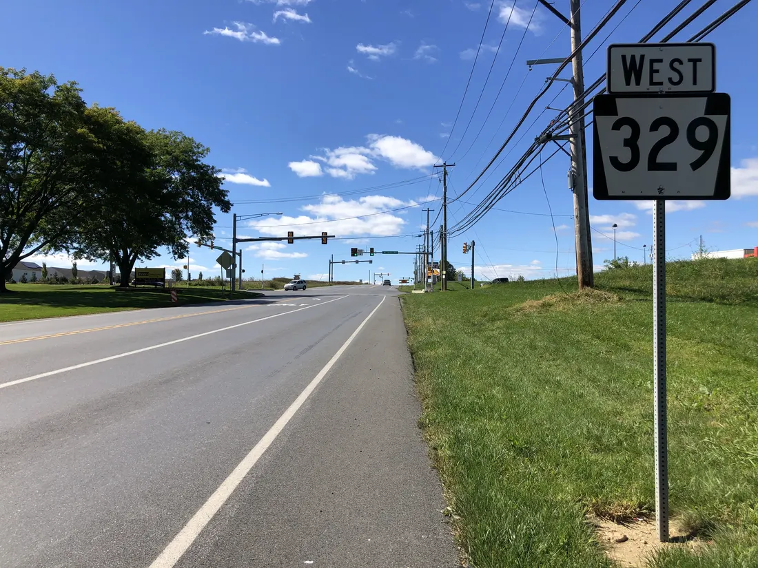 View west along Pennsylvania State Route 329 (Northampton-Bath Boulevard) just west of Howertown Road in Allen Township, Northampton County, Pennsylvania