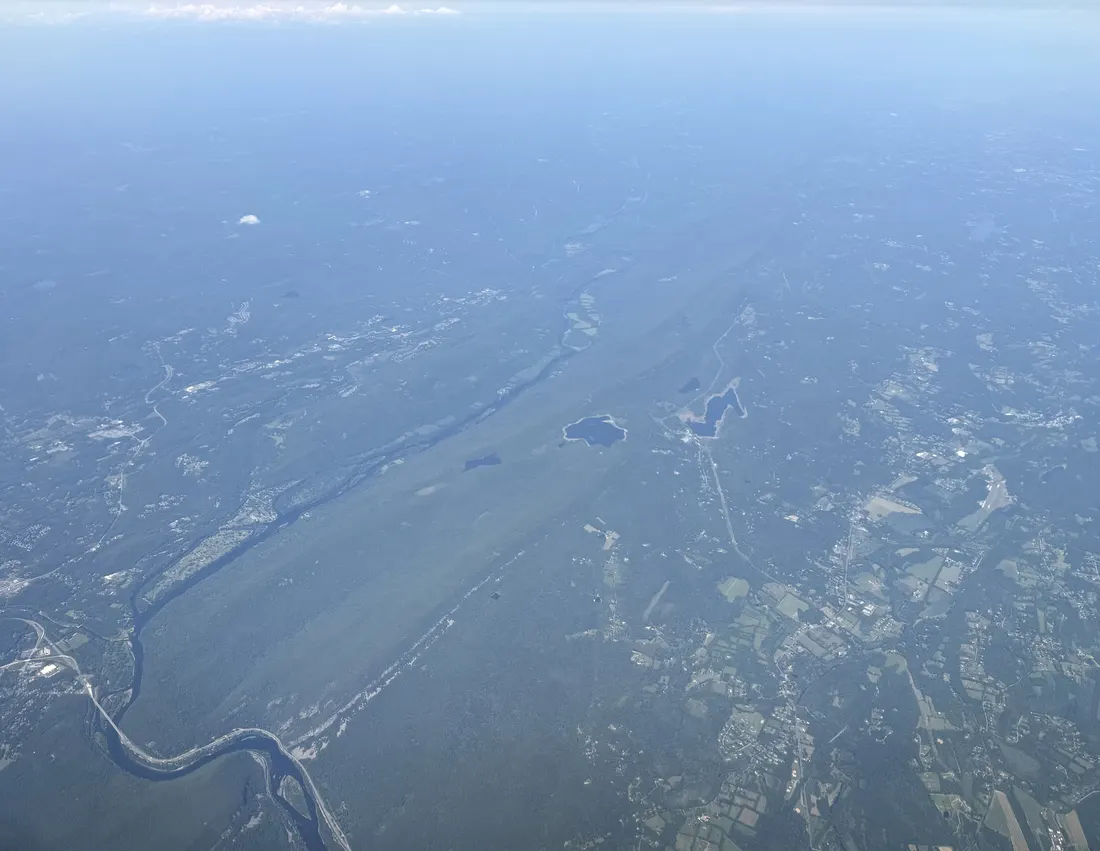 Aerial view centered on Hardwick, Knowlton and Blairstown townships in Warren County, New Jersey, including the Delaware Water Gap along the Delaware River (low