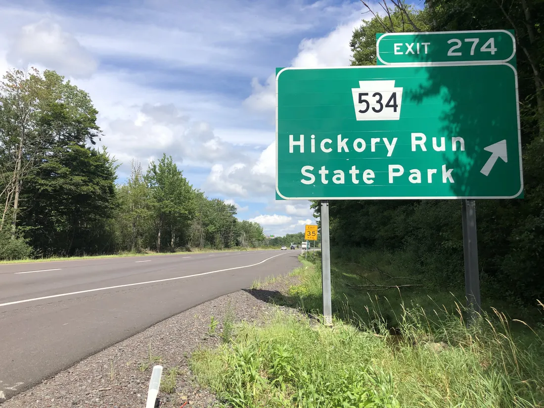 View east along Interstate 80 (Keystone Shortway) at Exit 274 (Pennsylvania State Route 534, Hickory Run State Park) in East Side, Carbon County, Pennsylvania