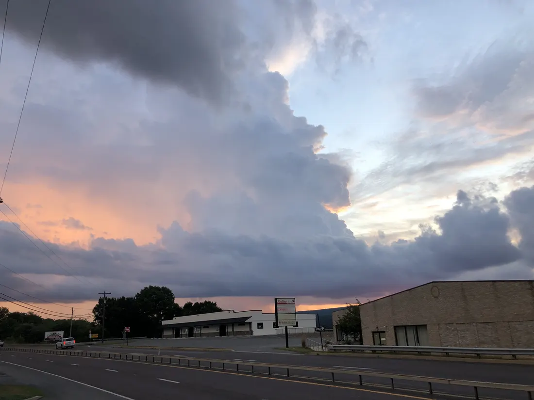 Developing cumulonimbus cloud near sunset viewed from U.S. Route 209 in Franklin Township, Carbon County, Pennsylvania