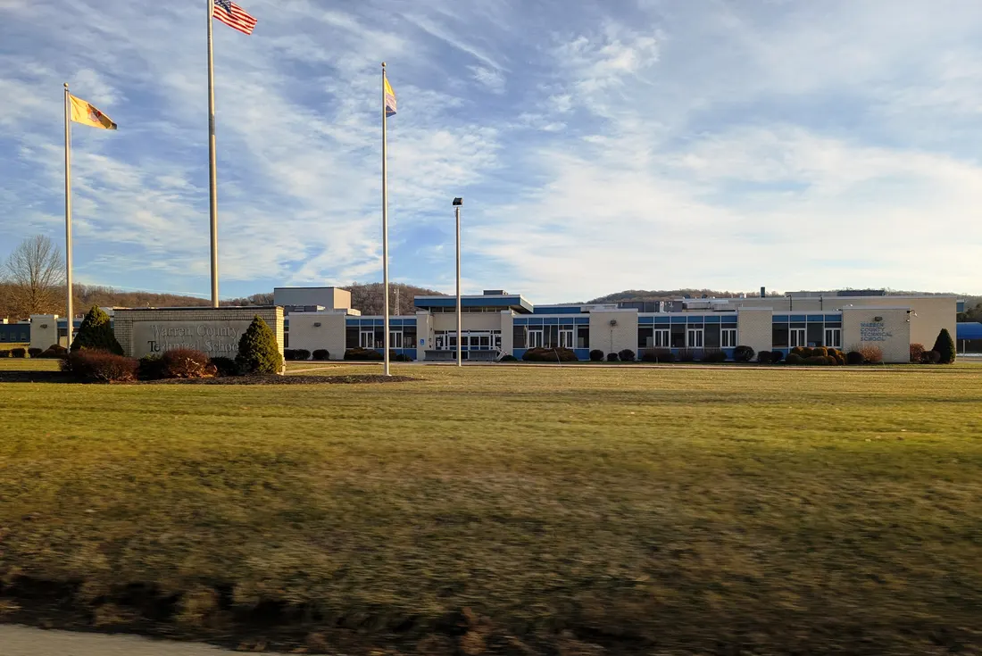 Photo of the Warren County Technical School in Franklin Township, Warren County, New Jersey. Photo taken from New Jersey Route 57 looking south-southeast.
