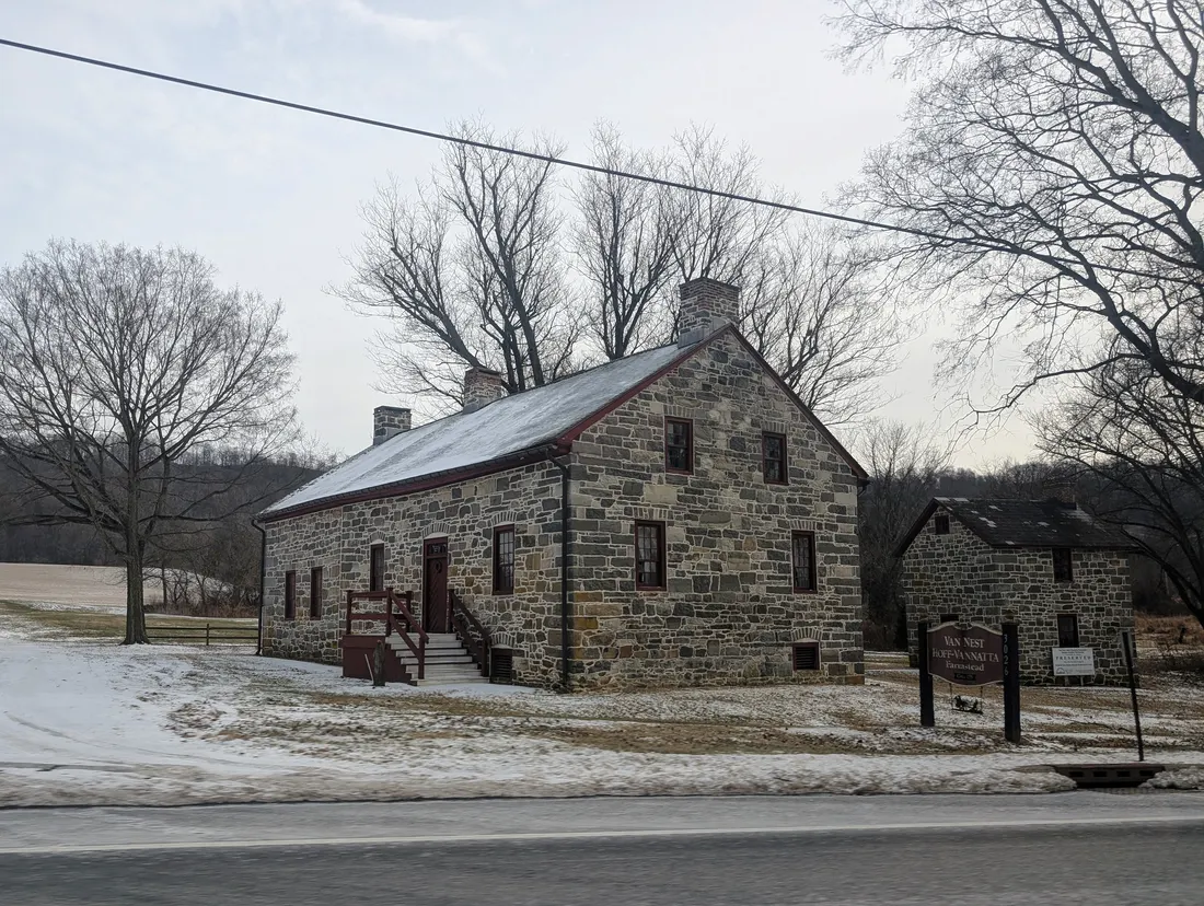 Photo of Van Nest–Hoff–Vannatta Farmstead in Harmony Township, New Jersey. Photo taken from County Route 519 (Belvidere Road) looking southeast.