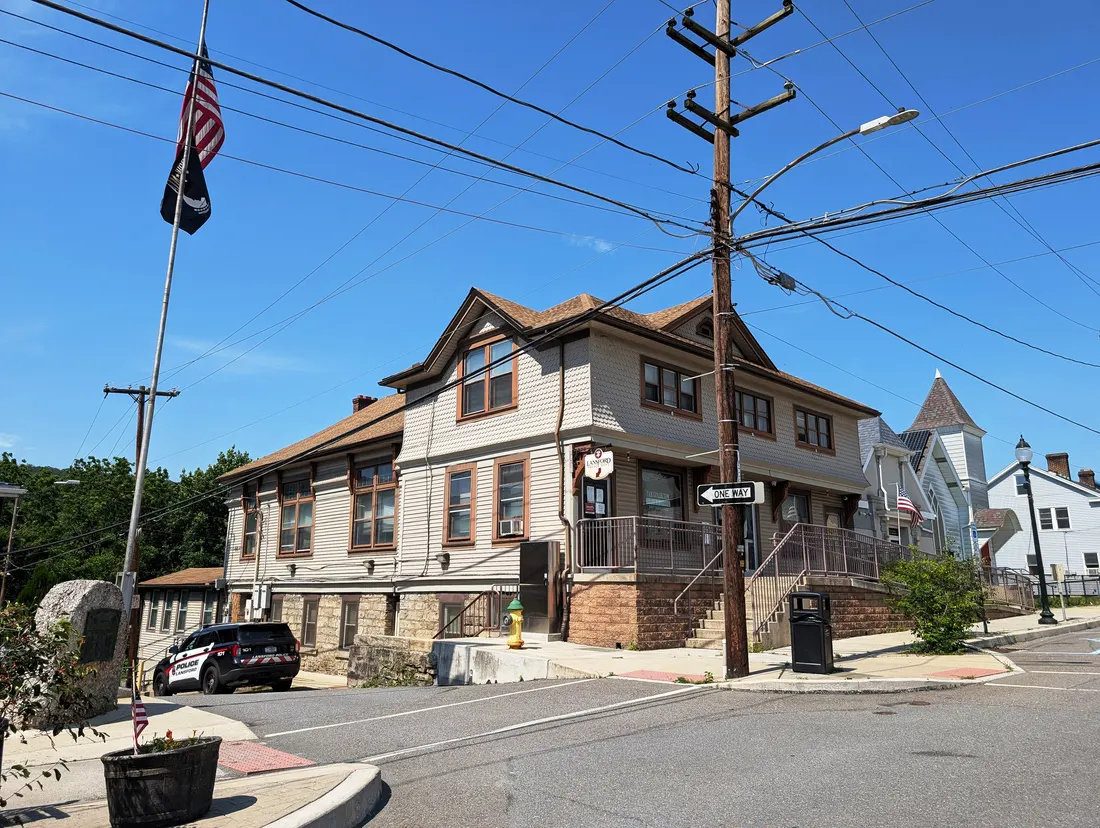 Photo of the Lansford, Pennsylvania Borough Office building. Photo taken from Ridge Street at Tunnel Street looking northeast.