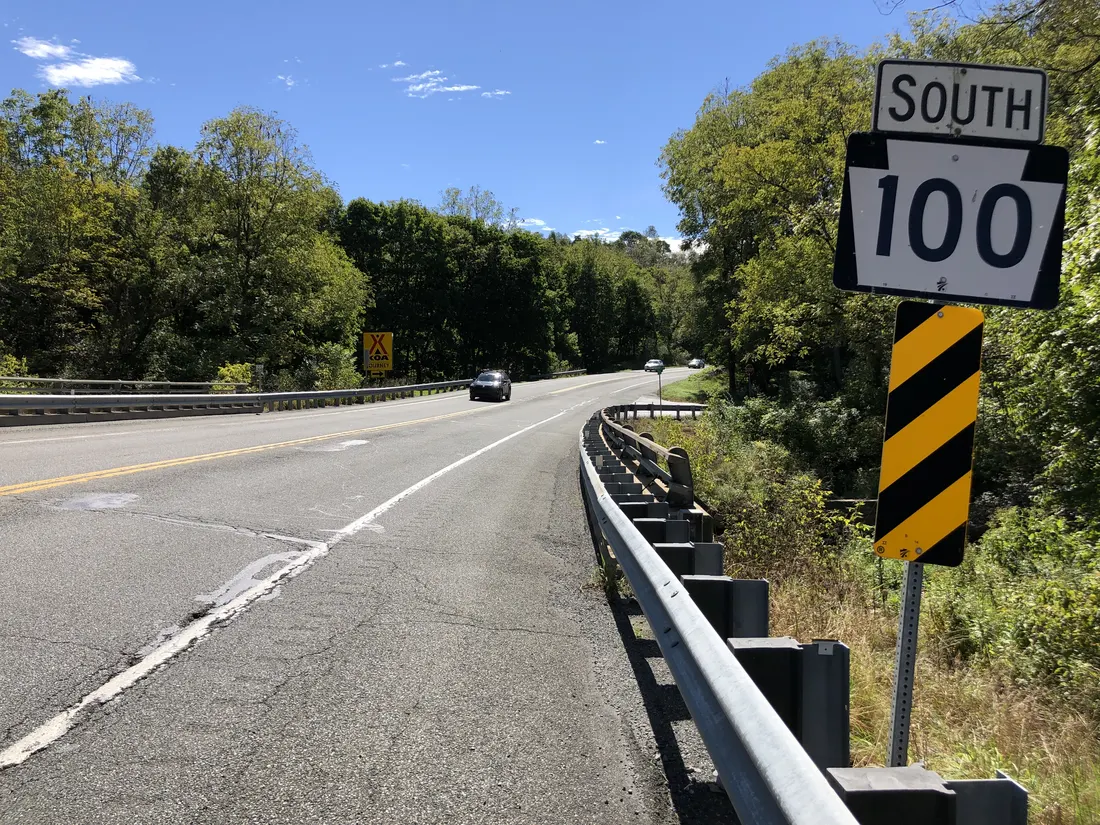 View south along Pennsylvania State Route 100 just south of Sell Road in Lowhill Township, Lehigh County, Pennsylvania