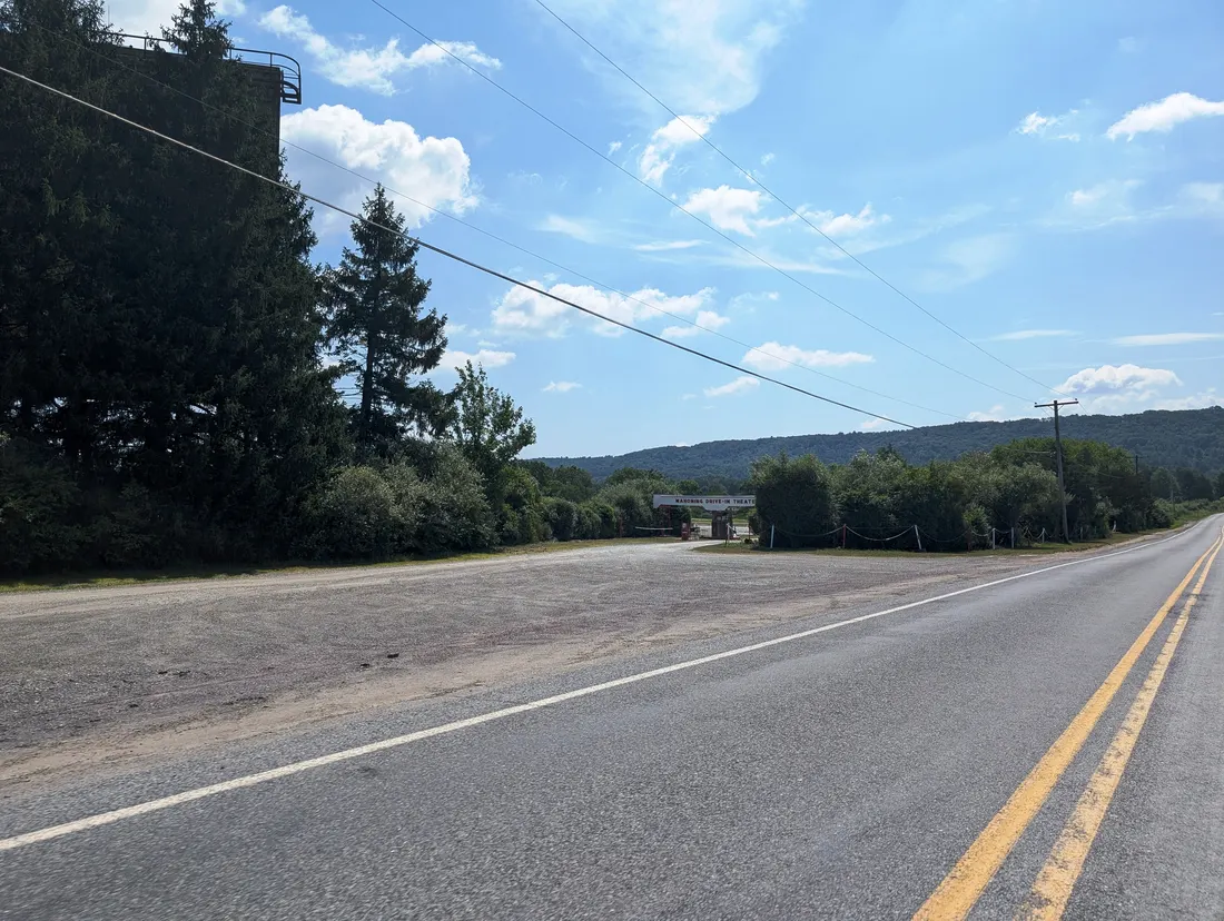 Photo of the entrance to the Mahoning Drive-In Theater in Mahoning Township, Carbon County, Pennsylvania. Photo taken from Seneca Road looking southeast.