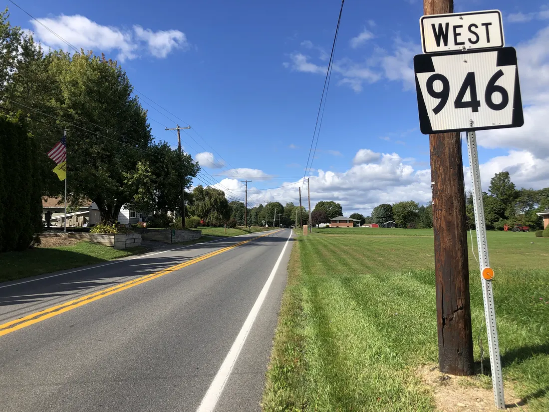 View west along Pennsylvania State Route 946 (Nazareth Drive) just west of Whitehead Road in Moore Township, Northampton County, Pennsylvania
