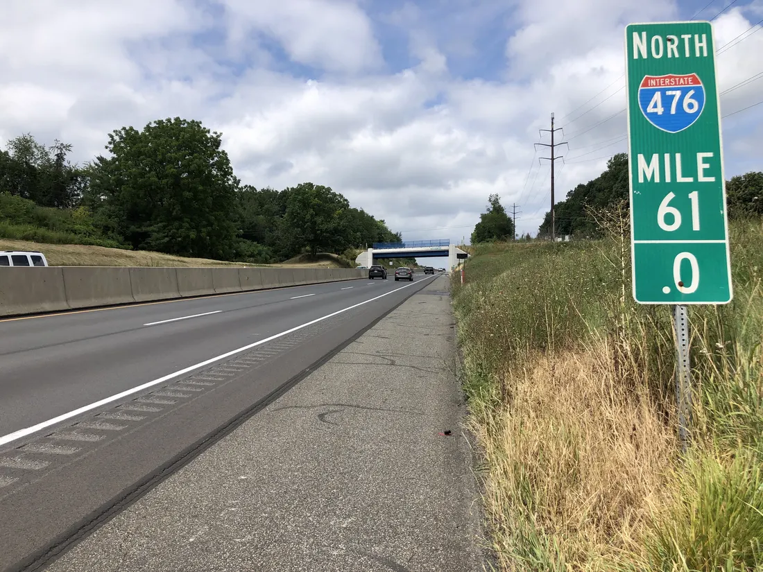 View north along Interstate 476 (Pennsylvania Turnpike Northeast Extension) between Exit 56 and the Lehigh Tunnel in North Whitehall Township, Lehigh County, Pennsylvania