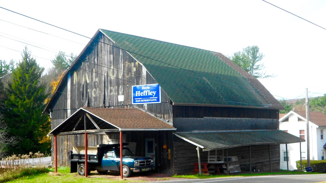 Old barn with a faded "Mail Pouch" ad in or near the village of Hudsondale, Packer Township, Carbon County, Pennsylvania