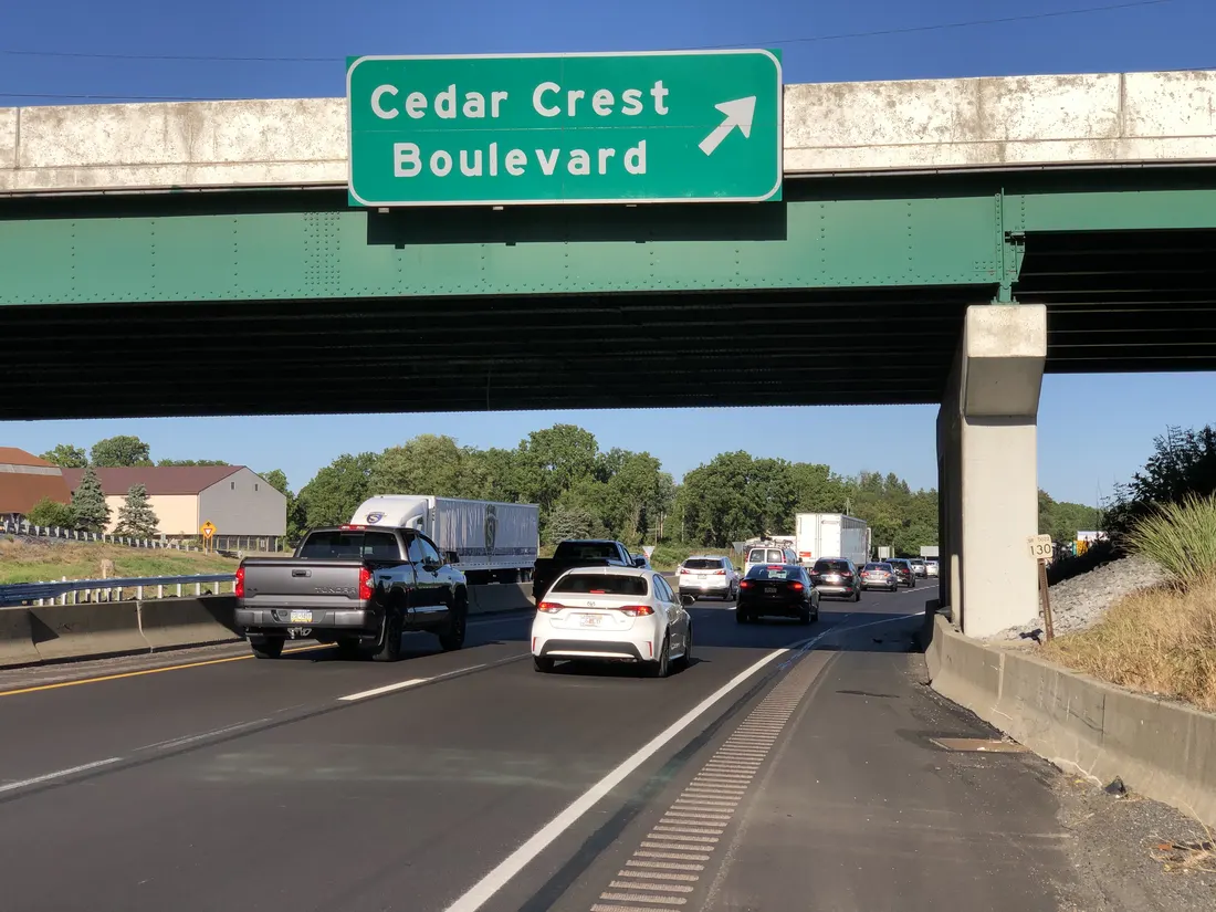 View east along U.S. Route 22 (Lehigh Valley Thruway) at the exit for Cedar Crest Boulevard in South Whitehall Township, Lehigh County, Pennsylvania