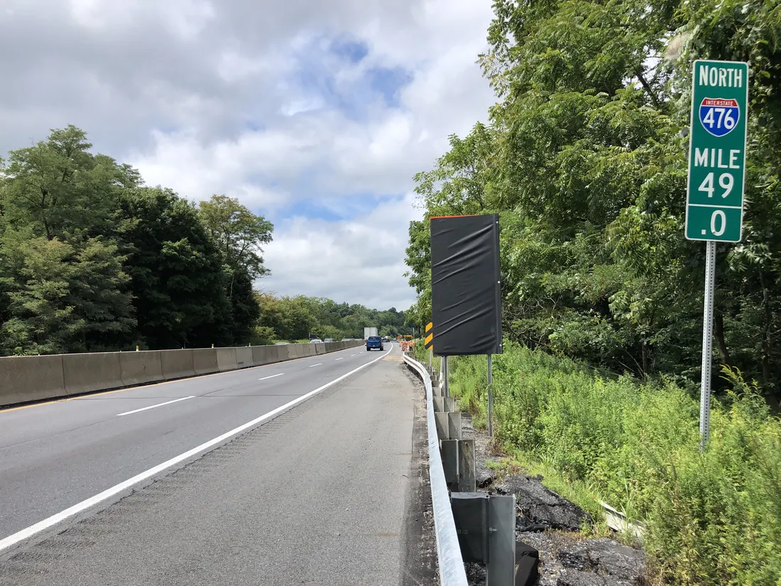 View north along Interstate 476 (Pennsylvania Turnpike Northeast Extension) between Exit 44 and Exit 56 in Upper Milford Township, Lehigh County, Pennsylvania
