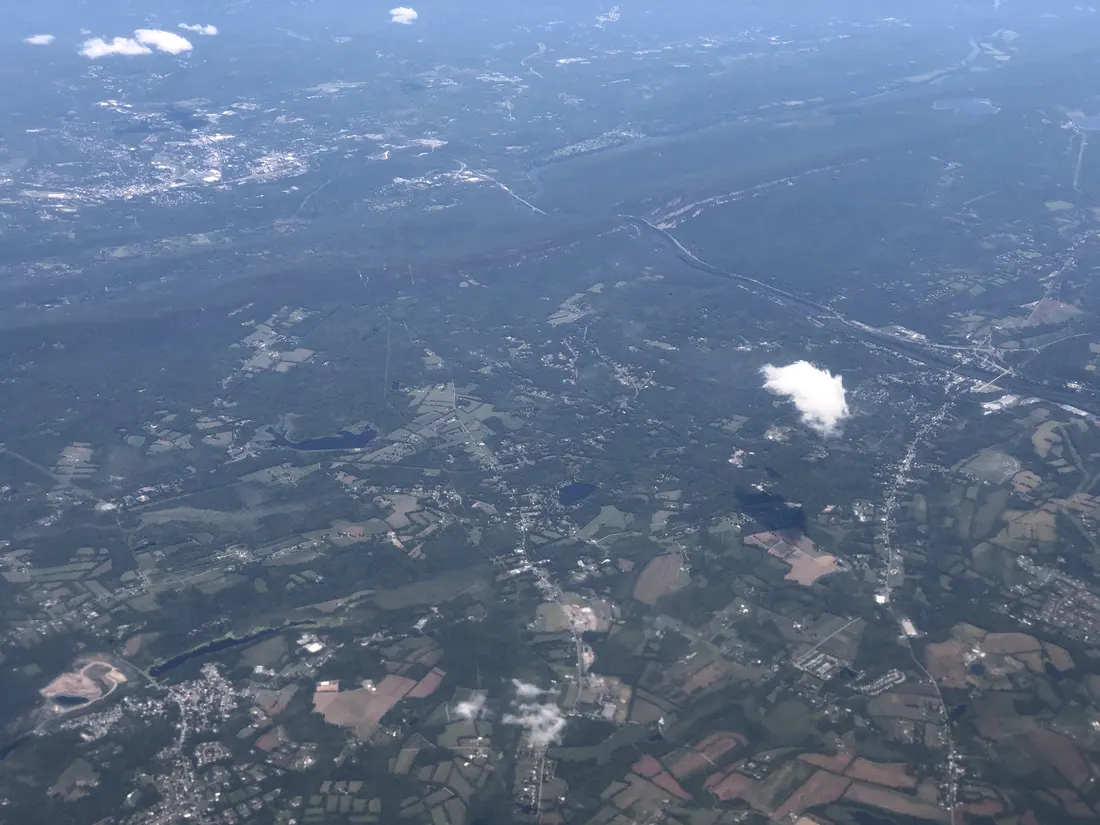 Aerial view of northwest Warren County, New Jersey, northeast Northampton and southeast Monroe counties in Pennsylvania, centered on Upper Mount Bethel Township - The Delaware Water Gap is visible near the top