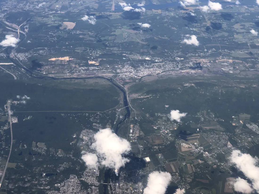 Aerial view centered on the Lehigh Gap at the border of Lower Towamensing and East Penn townships in Carbon County, Washington Township in Lehigh County and Lehigh Township in Northampton County, Pennsylvania