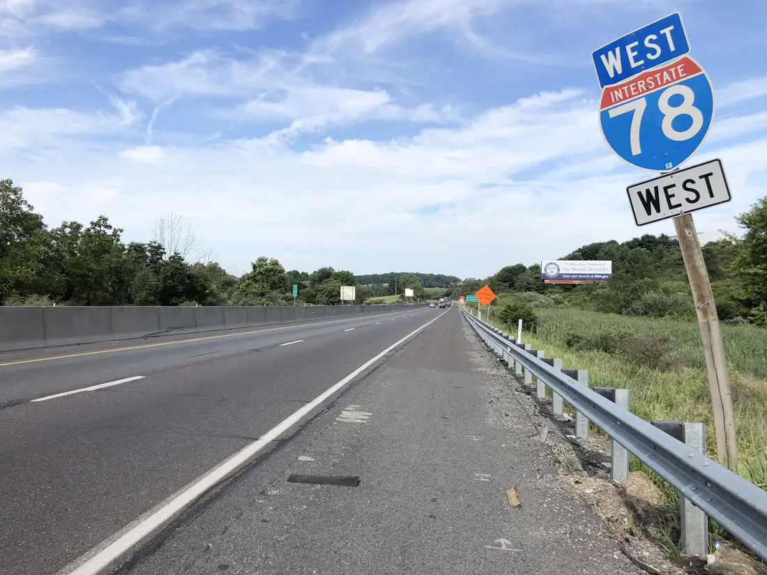 View west along Interstate 78 and U.S. Route 22 (William Penn Highway) just west of Exit 45 in Weisenberg Township, Lehigh County, Pennsylvania