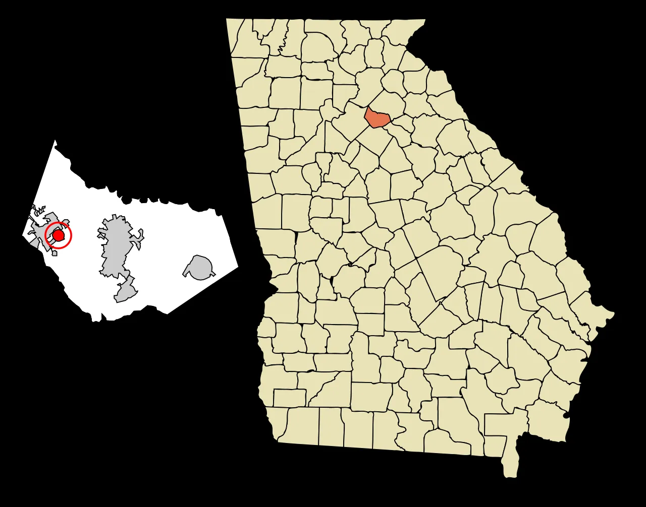 This map shows the incorporated and unincorporated areas in Barrow County, Georgia, highlighting Carl in red. It was cr — License: