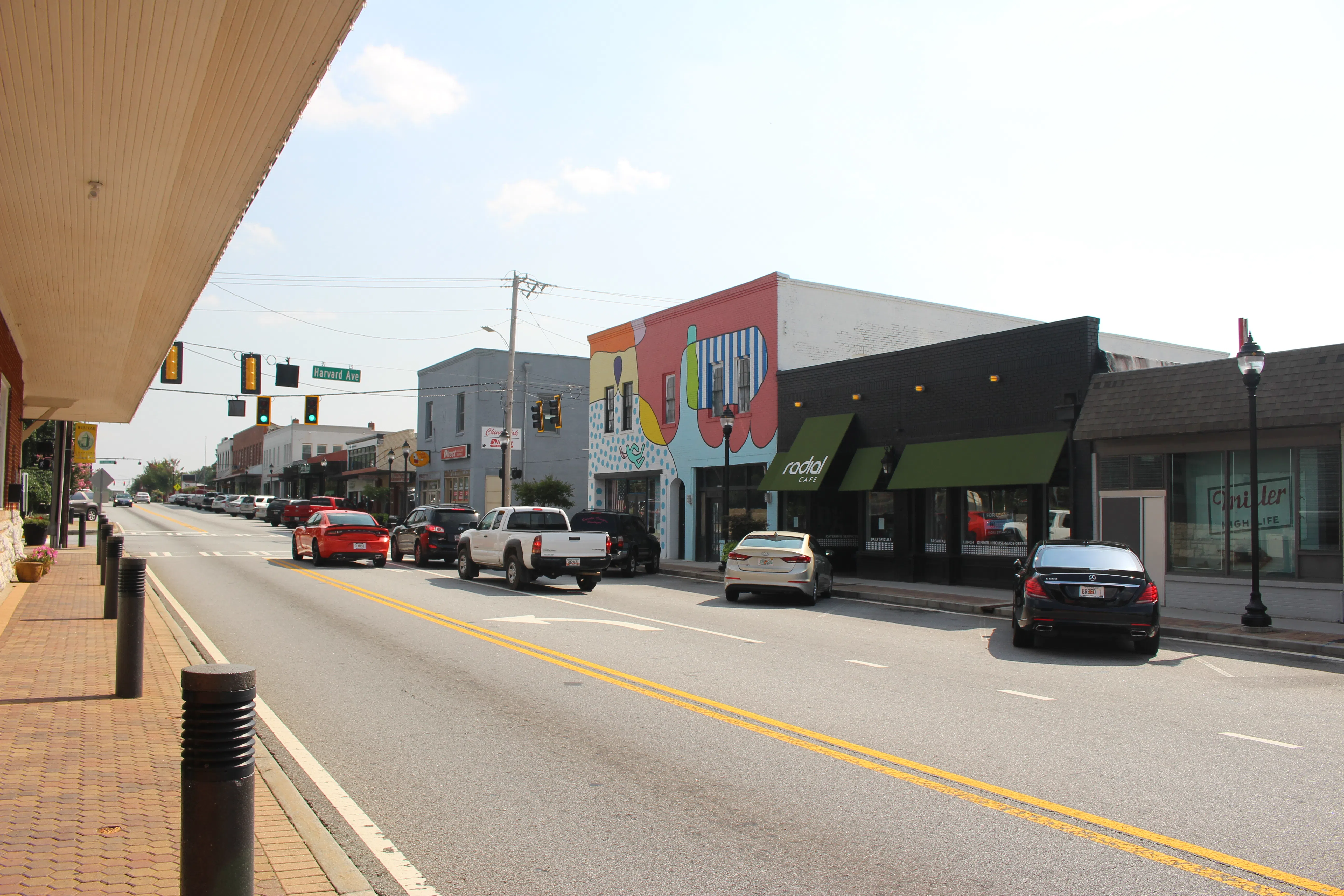 Downtown College Park, GA, from the College Park train depot looking down Main St toward Harvard Ave