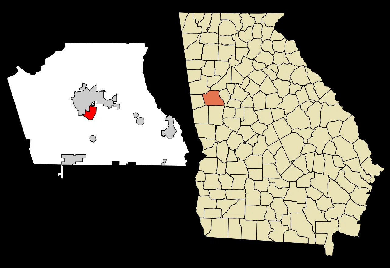 This map shows the incorporated and unincorporated areas in Coweta County, Georgia, highlighting East Newnan in red. It — License: