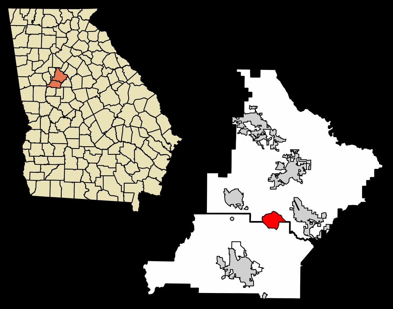 Location of Heron Bay in Henry County and Spalding County, Georgia. — License:
