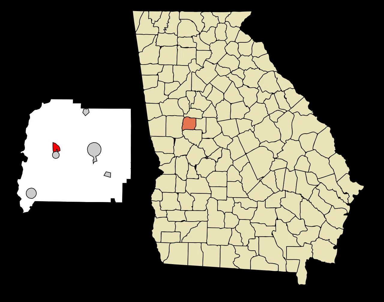 This map shows the incorporated and unincorporated areas in Pike County, Georgia, highlighting Hilltop in red. It was c — License: