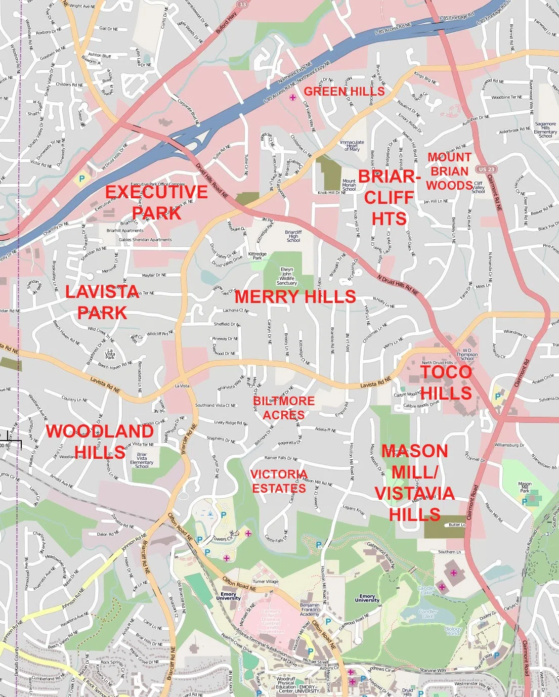 North Druid Hills CDP, Georgia, USA with neighborhoods shown