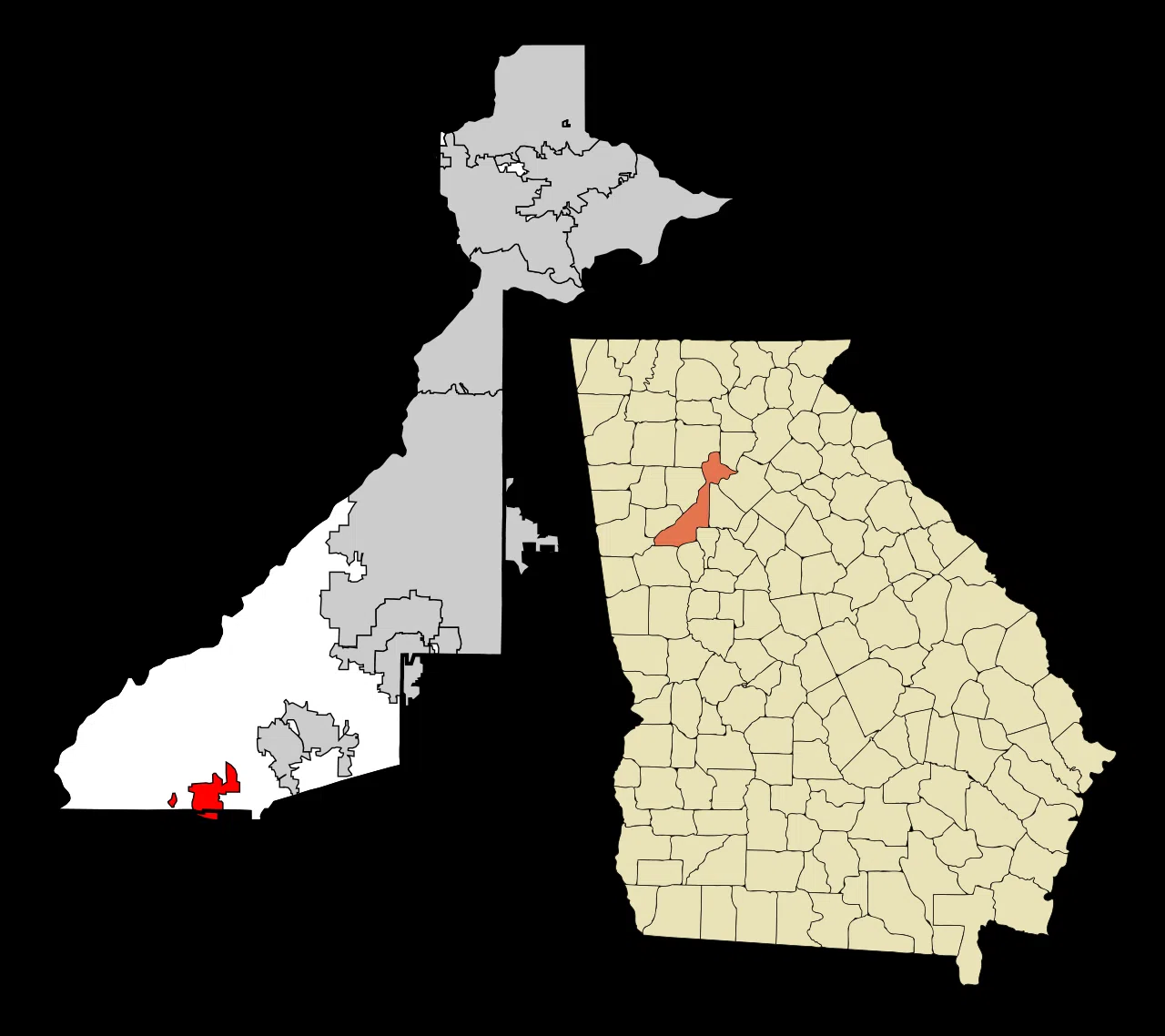 This map shows the incorporated and unincorporated areas in Fulton County, Georgia, highlighting Palmetto in red. It wa — License: