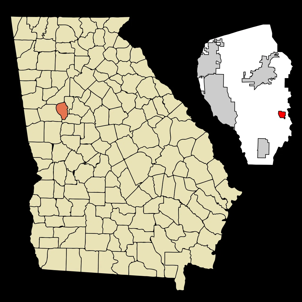 This map shows the incorporated and unincorporated areas in Fayette County, Georgia, highlighting Woolsey in red. It wa — License: