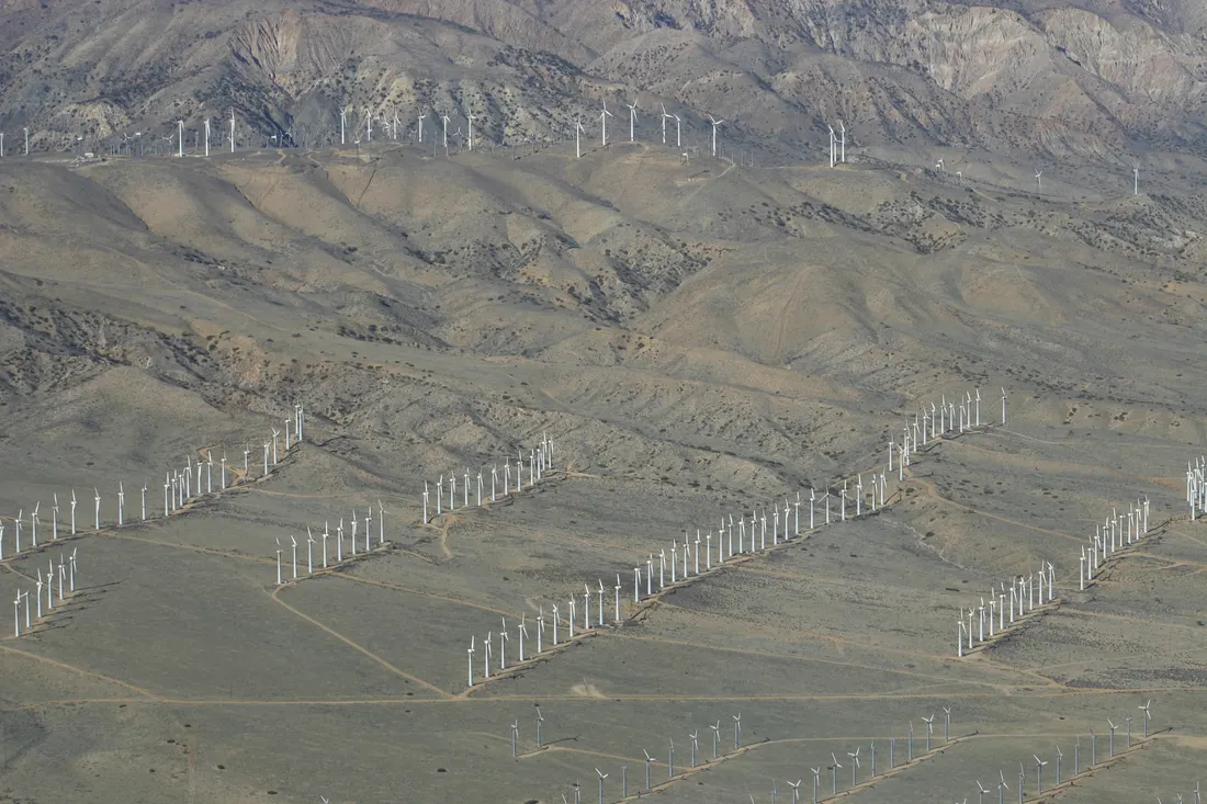 This aerial view of the Tehachapi Pass Wind Farm was taken on Feb 28, 2008 during a flight from the Mojave Air & Space Port to Reid-Hillview Airport