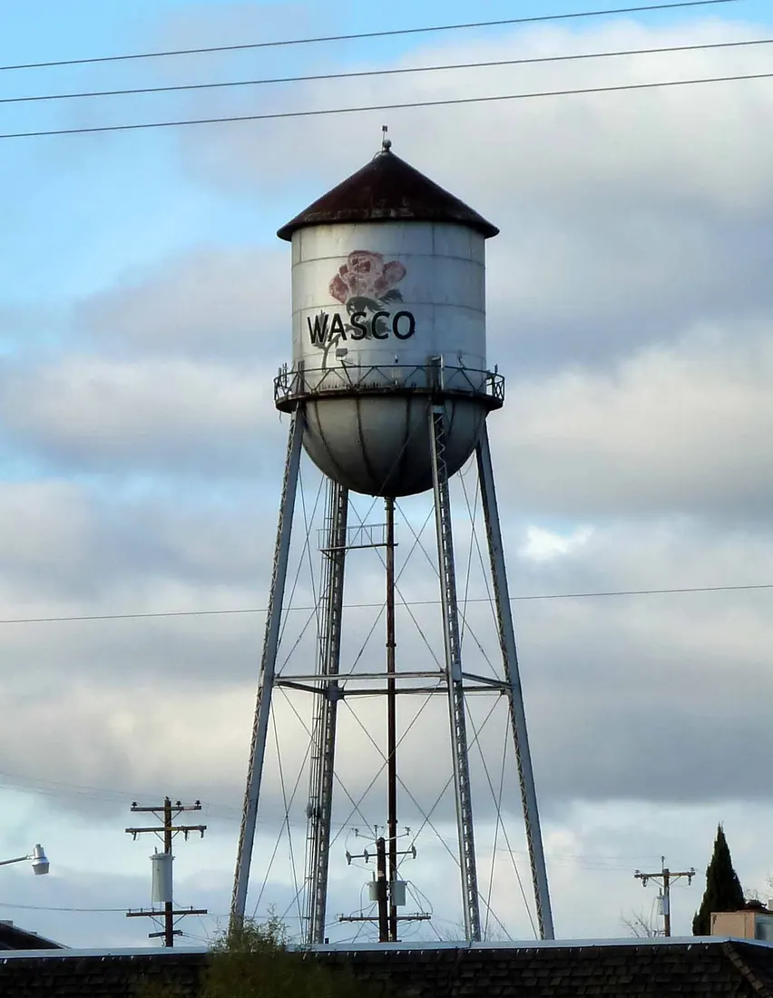 Water tower, Wasco, California, USA.