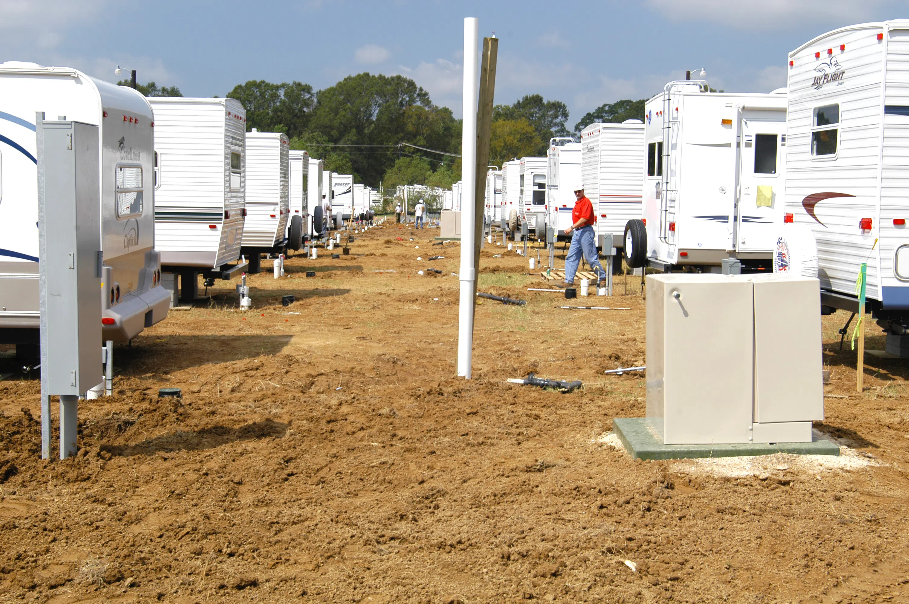 A FEMA temporary-housing park under construction outside Baker, September 2005