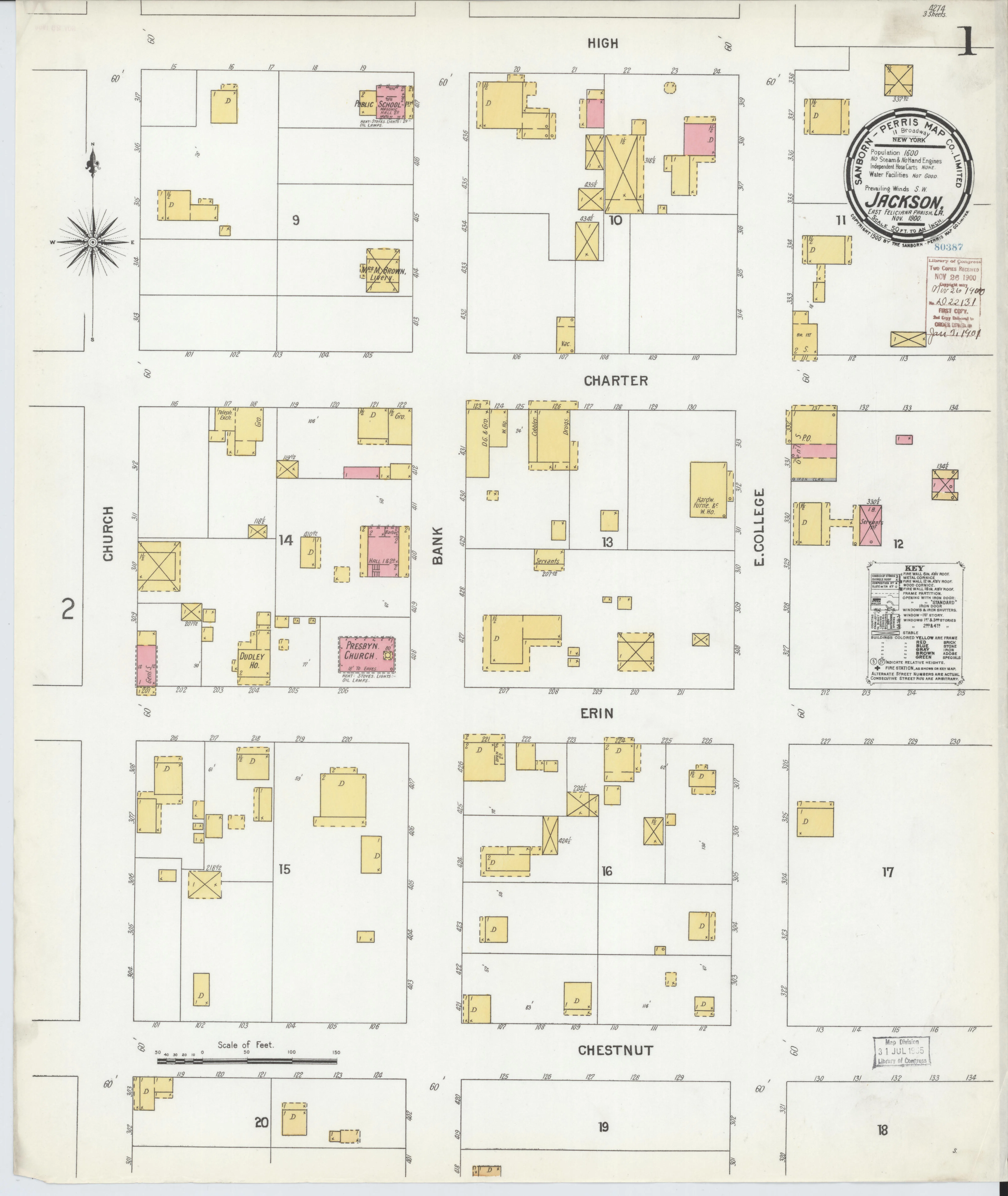 Sanborn fire insurance map of Jackson, East Feliciana Parish, 1900 (Plate 1)