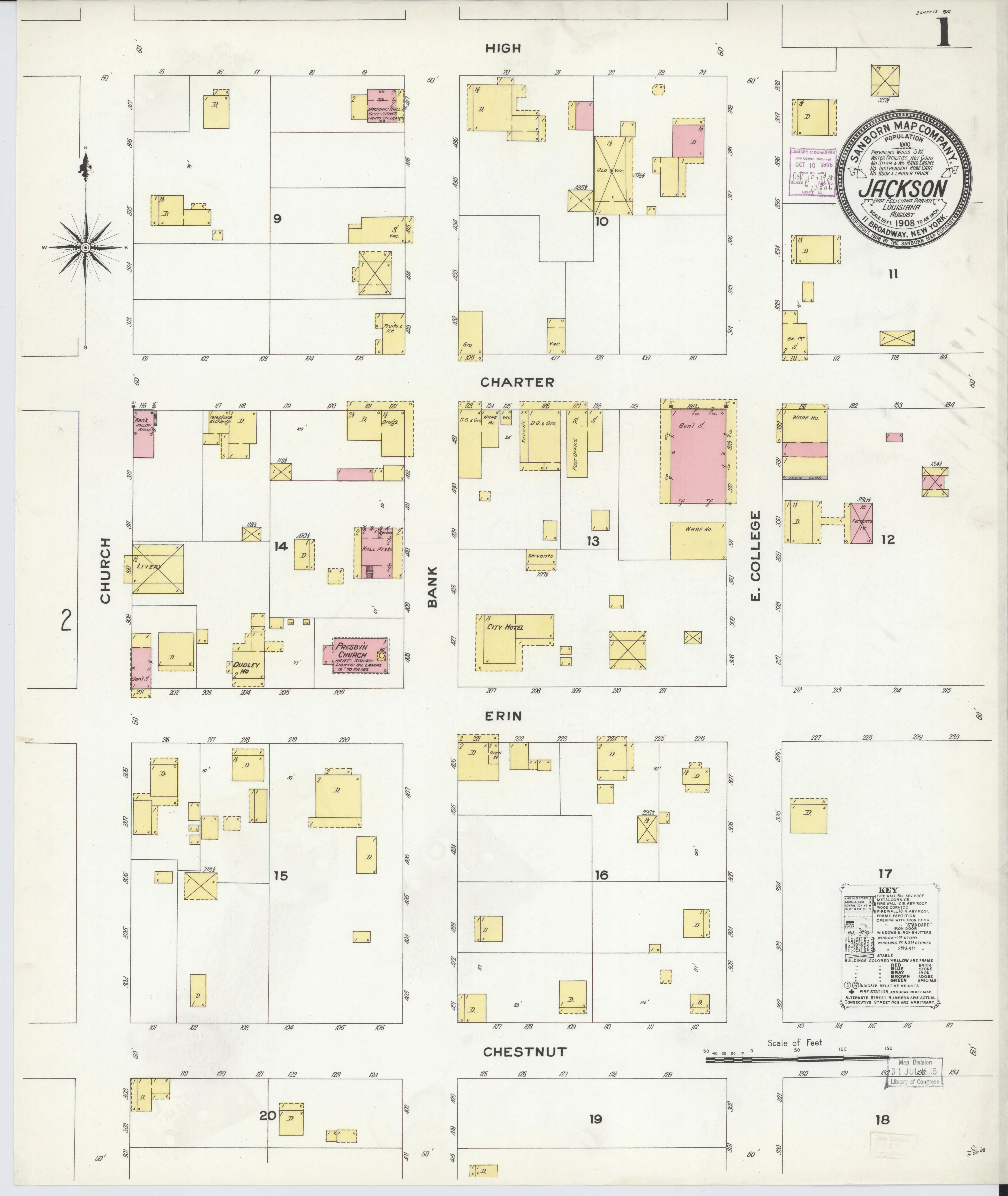Sanborn fire insurance map of Jackson, East Feliciana Parish, 1908 (Plate 1)