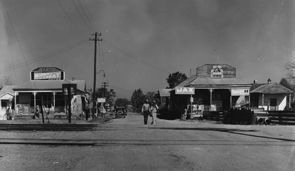 "Negro section" of New Roads Louisiana in 1938. Looking across the railroad tracks into the African American section of New Roads,