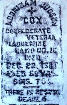 Grave of Confederate veteran Adoniram Judson Cox (d. 1907) in Saint Peter's Cemetery, Plaquemine