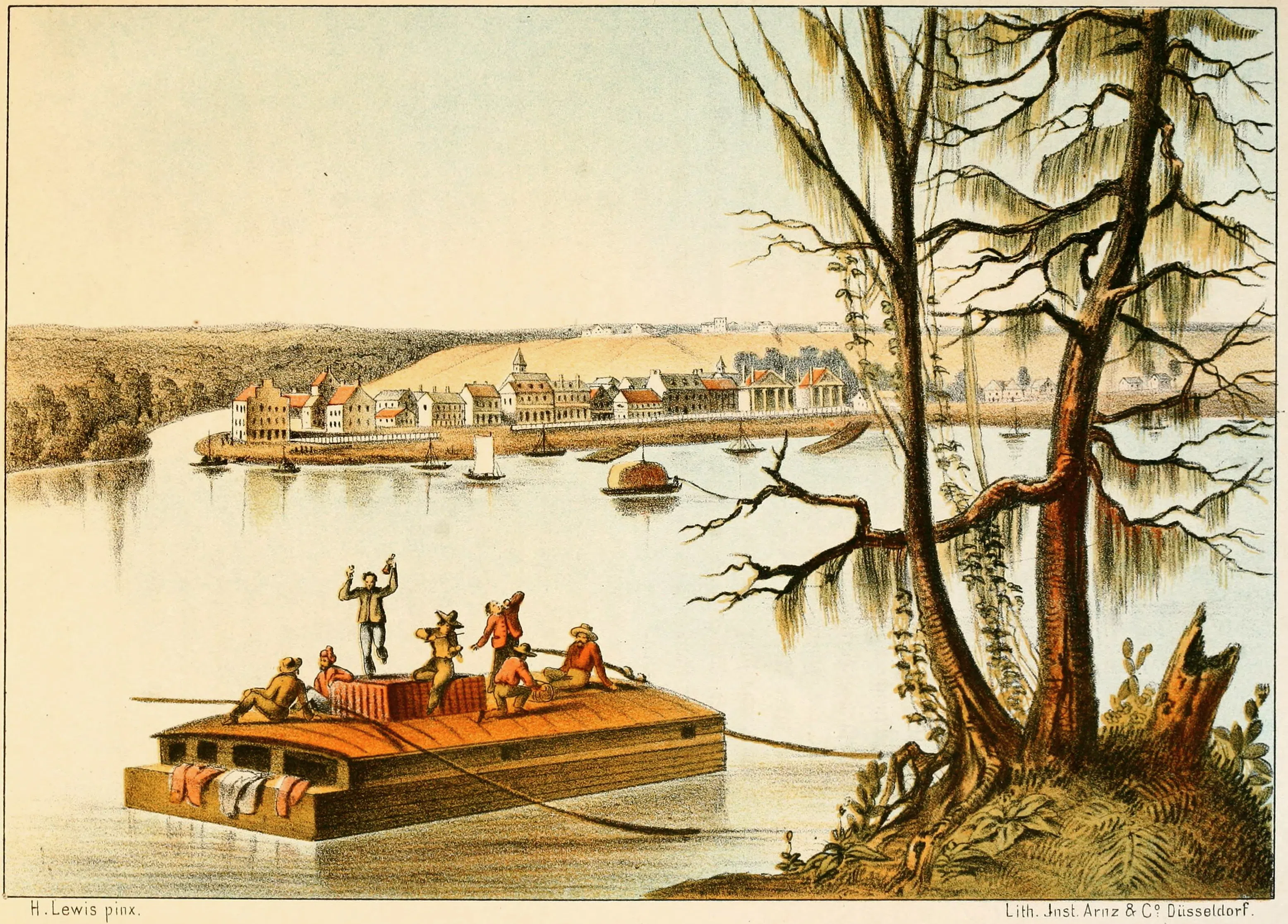 "Bayon Sacra (Luisiana) (Bayou Sacra, Louisiana). Shows town on Mississippi River, 1840s, with flatboat in the river in the foreground;