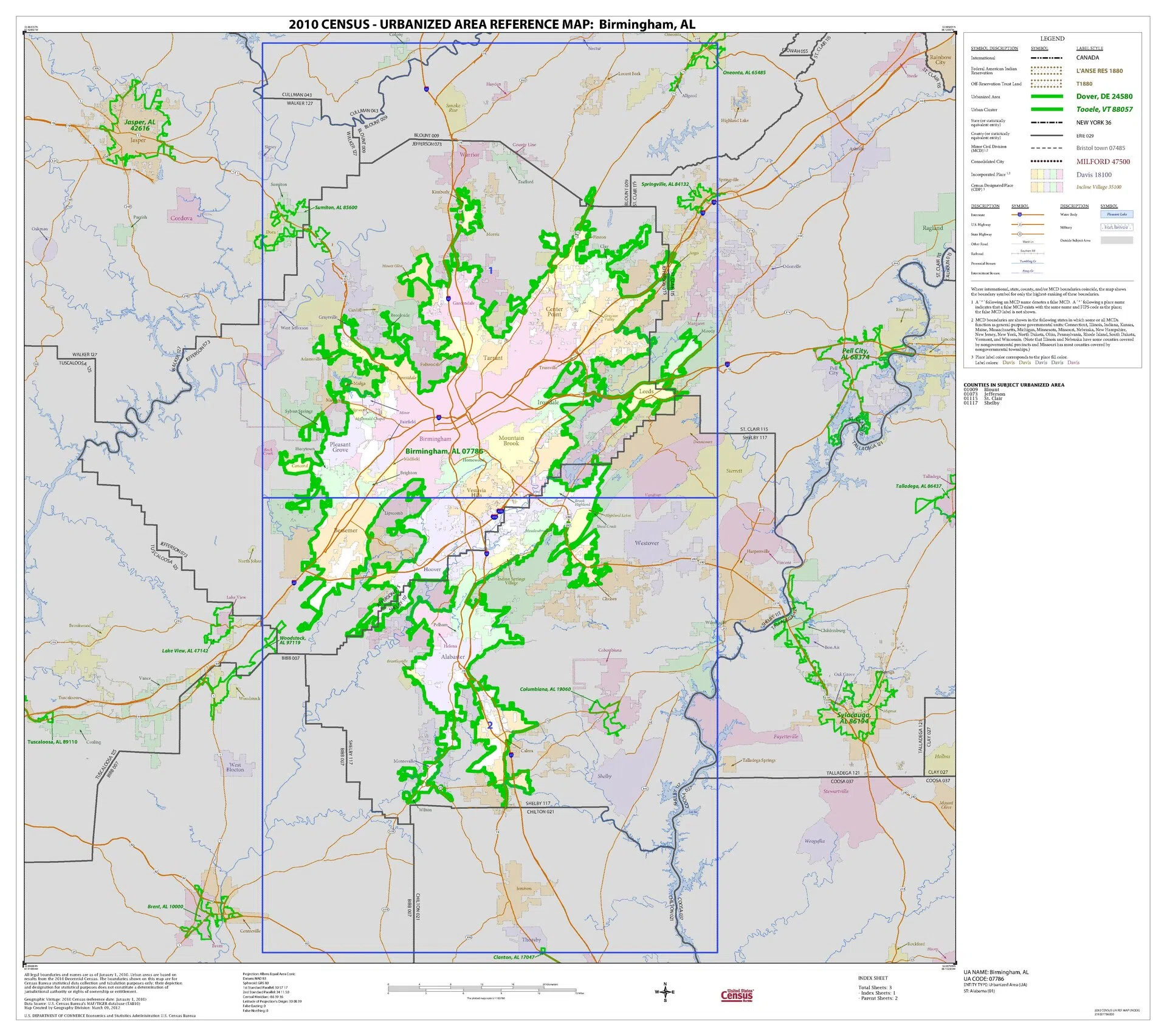2010 Census urbanized area reference map for Birmingham, Alabama