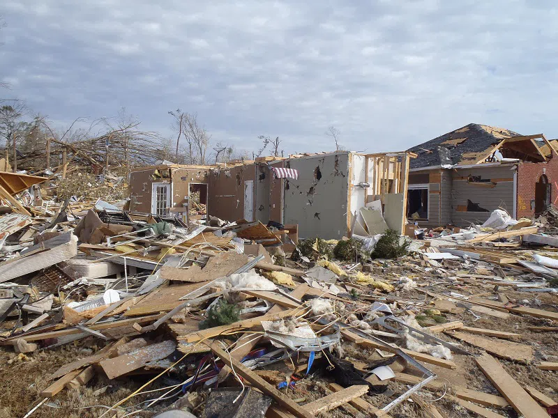 A home mostly destroyed by an EF3 tornado in Center Point, Alabama