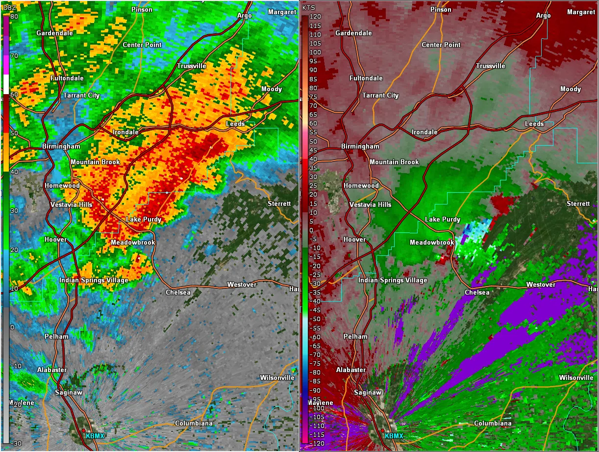 National Weather Service radar image of the EF3 tornado that struck Eagle Point, Alabama on March 25, 2021
