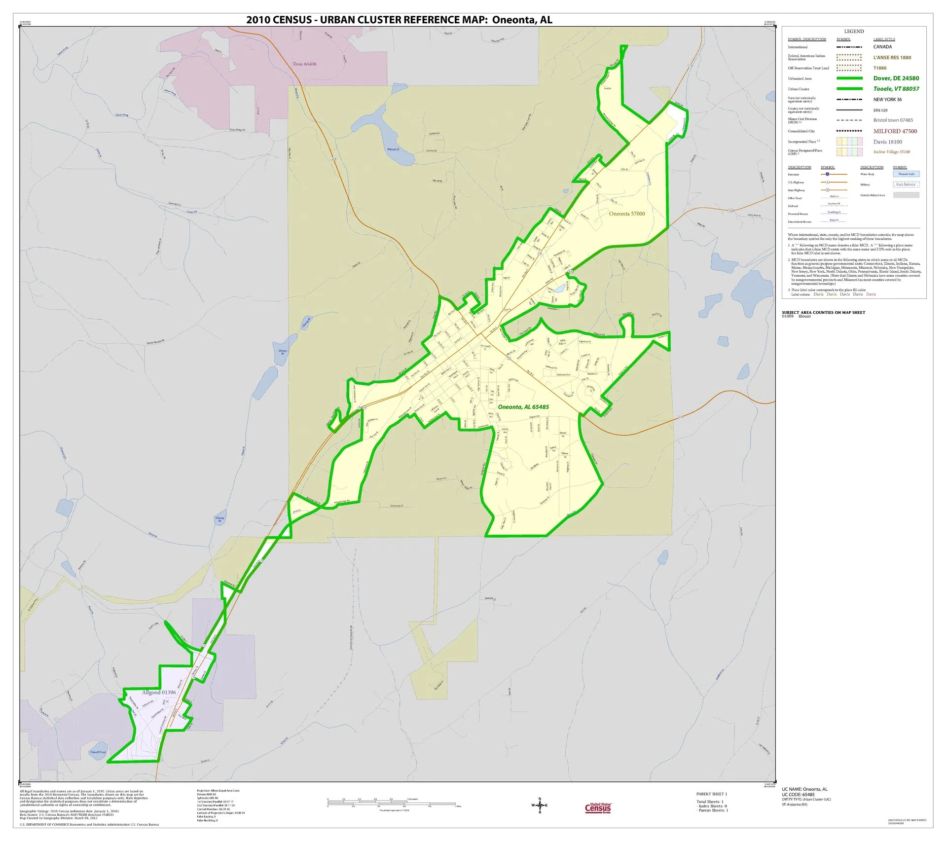 2010 Census urban cluster reference map for Oneonta, Alabama