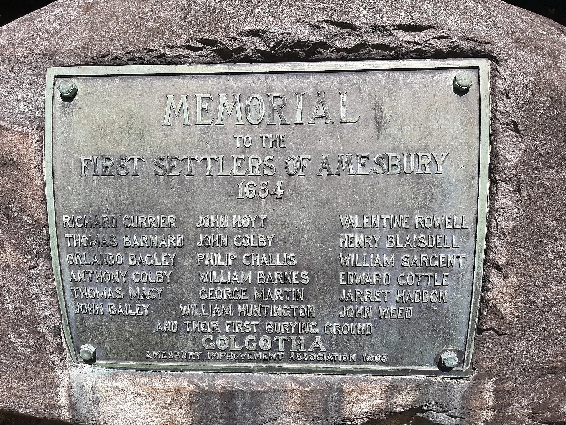 Memorial to the first settlers in Amesbury, Massachusetts. 1654.