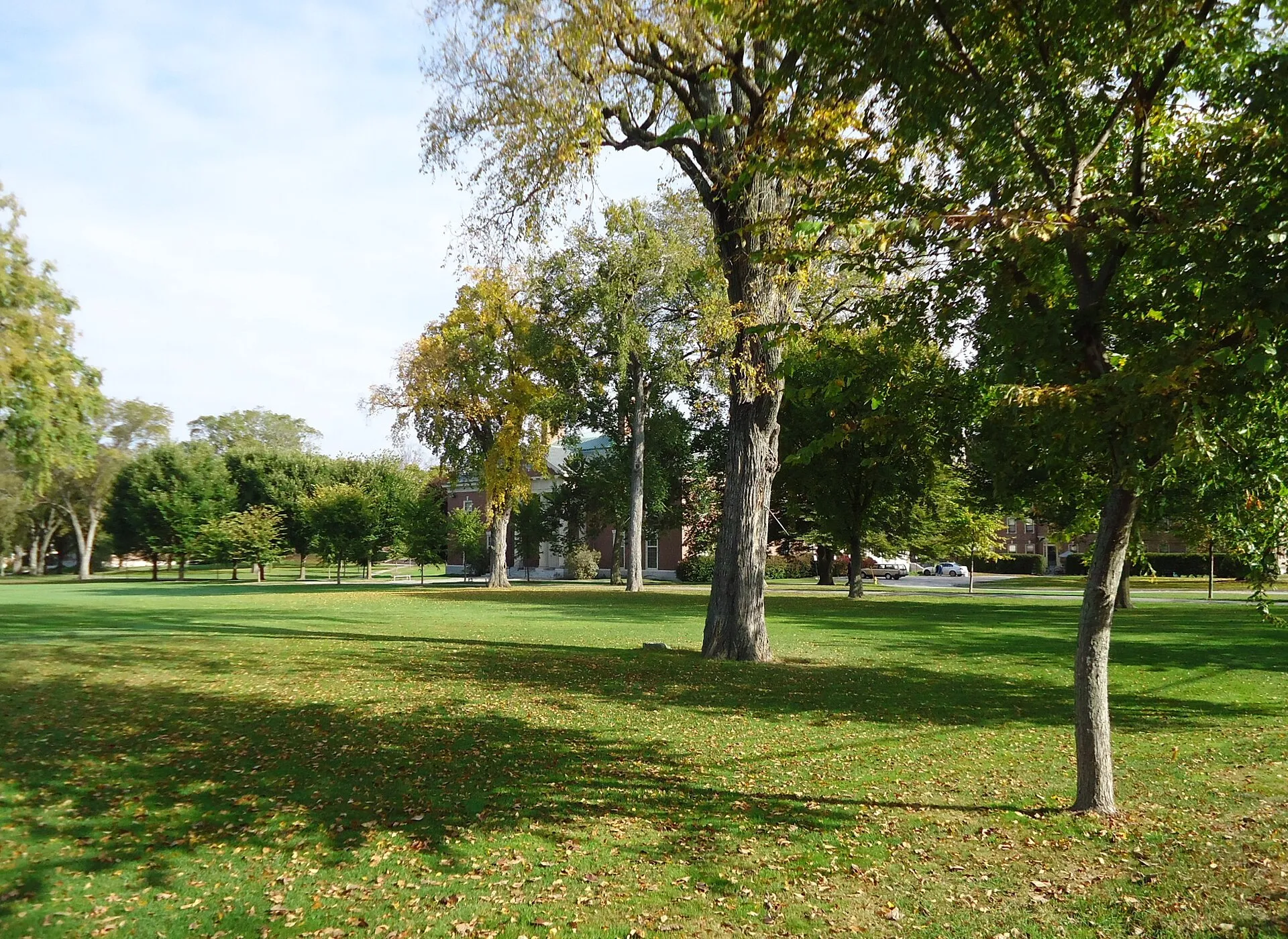 View of main campus with Oliver Wendell Holmes library behind trees, at Phillips Academy in Andover, Massachusetts.