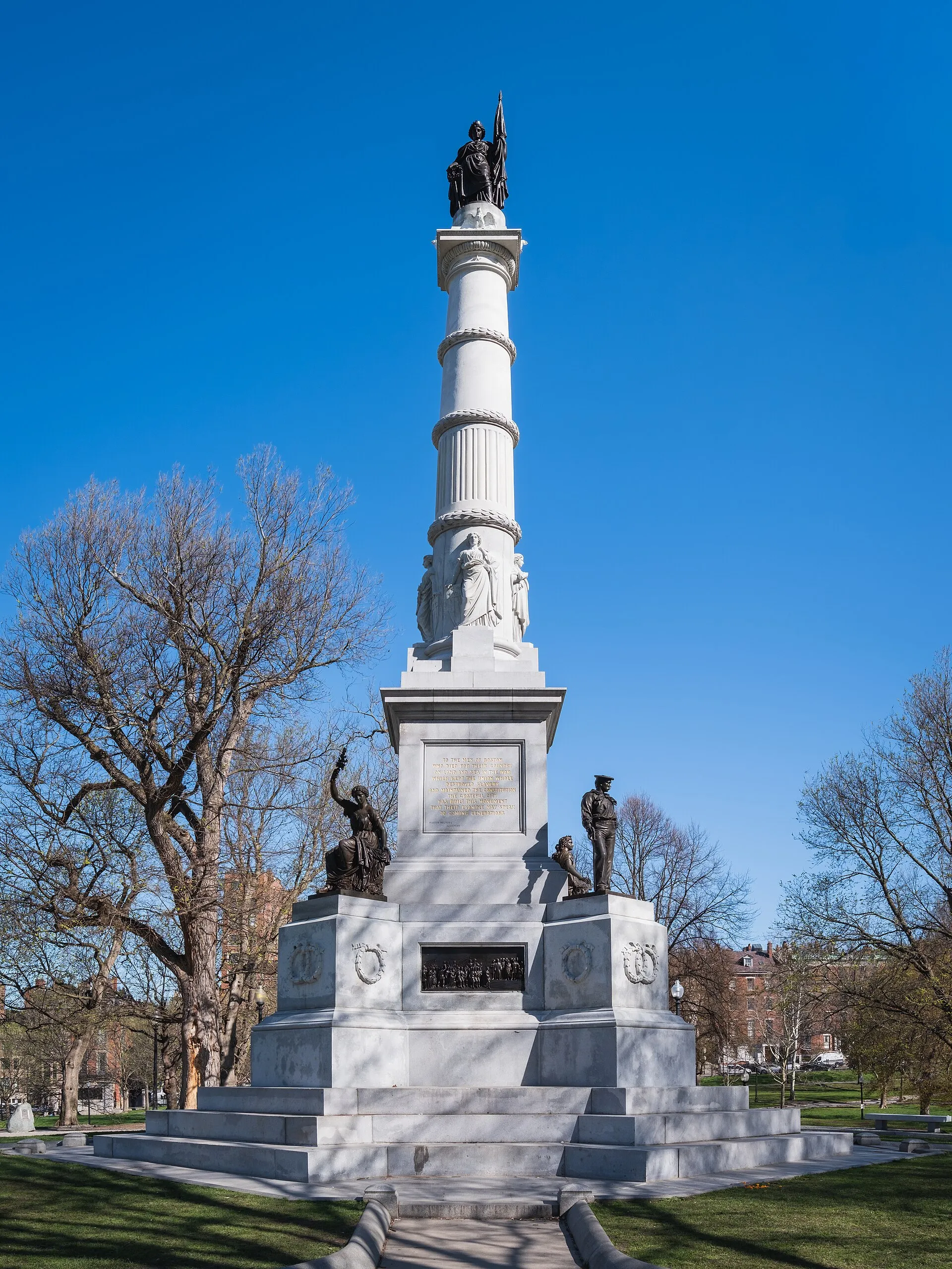 The Soldiers and Sailors Monument (Martin Milmore, 1877) on Flagstaff Hill, Boston Common, frontal view. Panorama stitched from several photographs. Boston, Massachusetts.