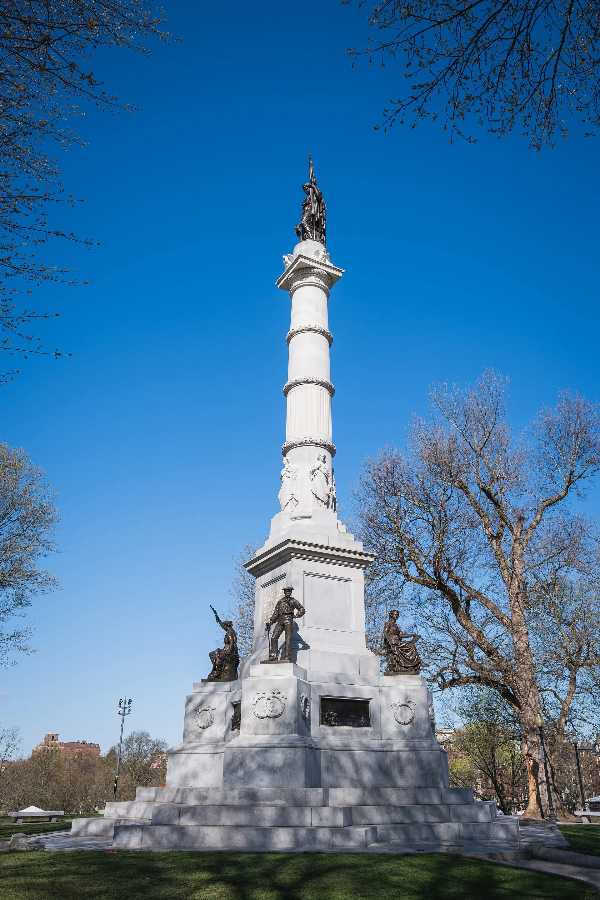 The Soldiers and Sailors Monument (Martin Milmore, 1877) on Flagstaff Hill, Boston Common, three-quarter view. Boston, Massachusetts.