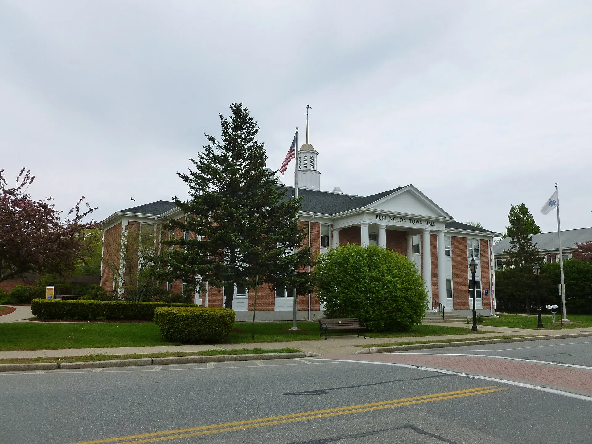 Burlington Town Hall, located at 29 Center Street, Burlington, Massachusetts.  Northwest and southwest (front) sides shown.
