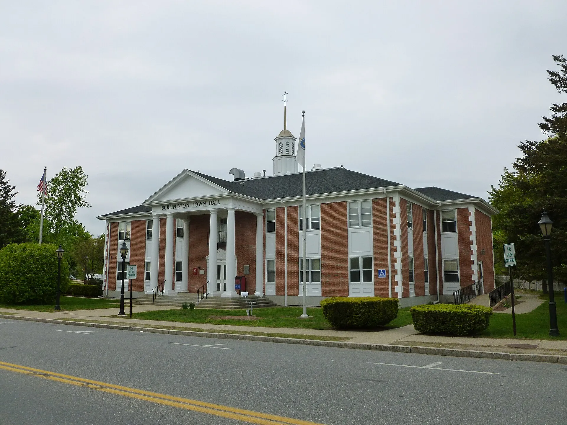 Burlington Town Hall, located at 29 Center Street, Burlington, Massachusetts.  Southwest (front) and southeast sides shown.