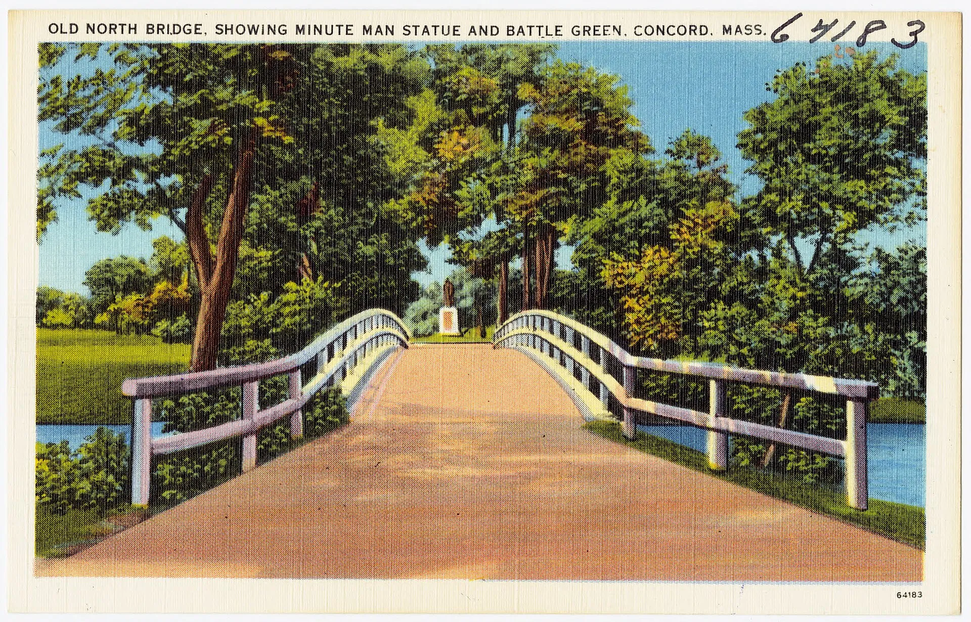 Title: Old North Bridge, showing Minute Man Statue and Battle Green, Concord, Mass.