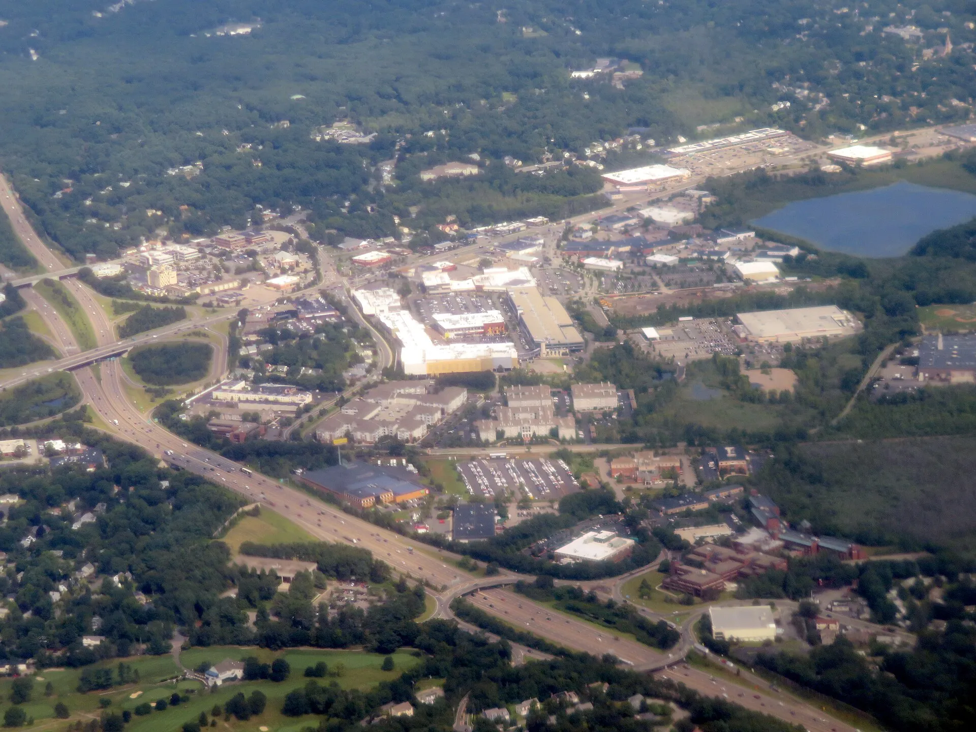 Aerial view of Dedham Corporate Center and Route 128 in July 2019