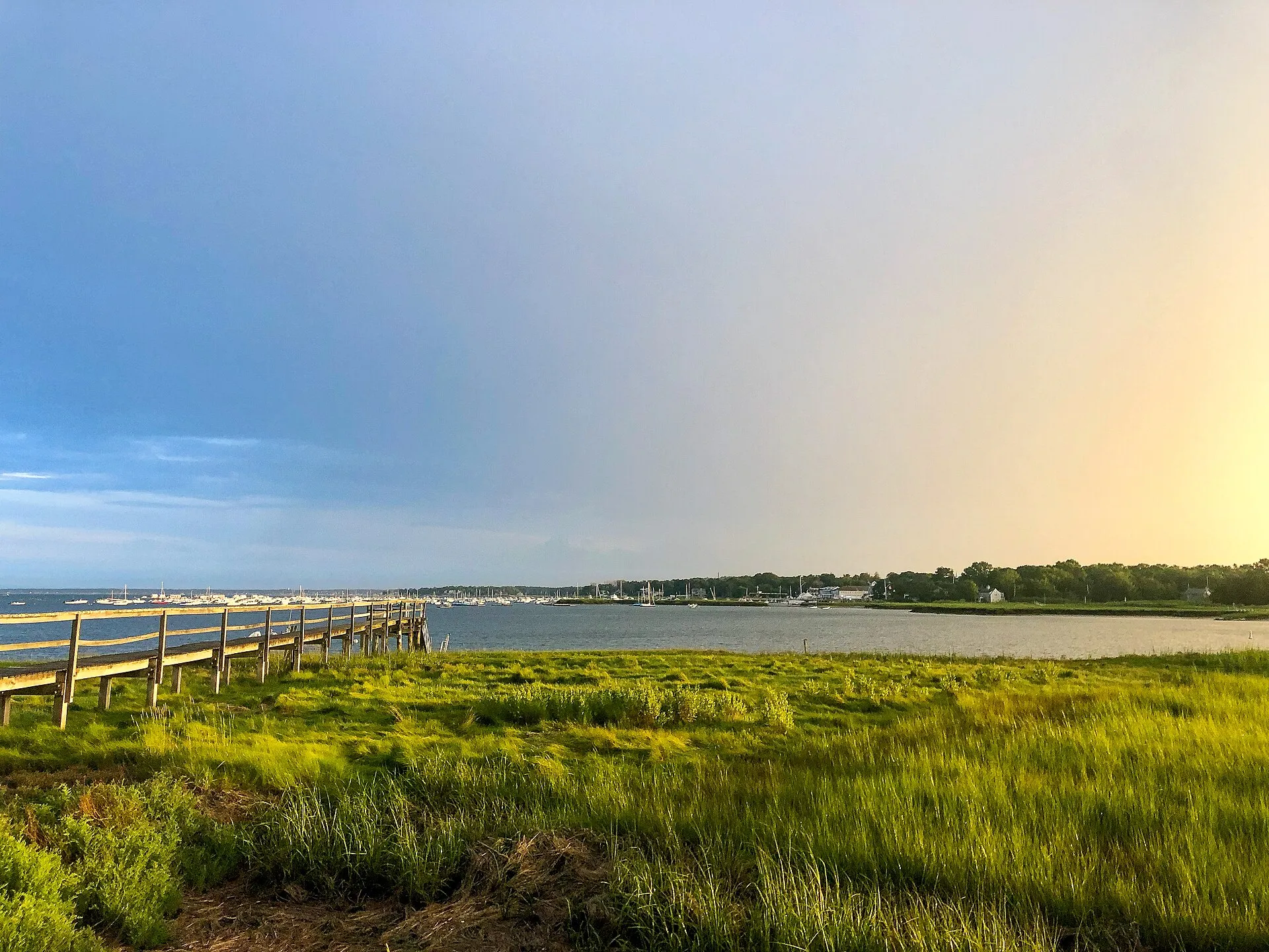 Duxbury Bay with the harbor in the distance at twilight, from Bluefish River.