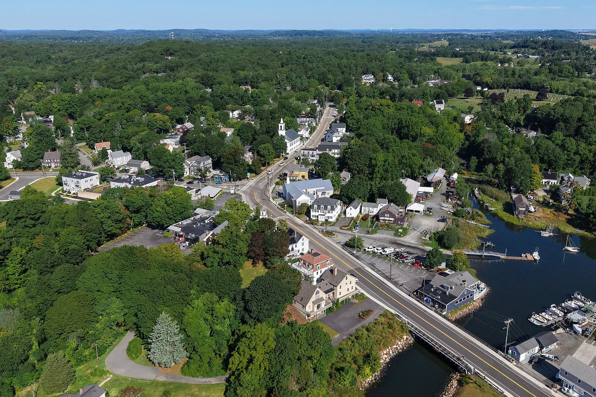 Aerial view of Essex, Massachusetts, a coastal town of 3,675 residents on the North Shore, 26 miles north of Boston.